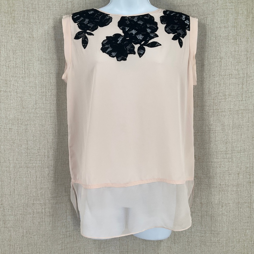 Rebecca Taylor Silk Blouse Womens‎ 4 Pink Black Lace Floral Coquette Soft Girl